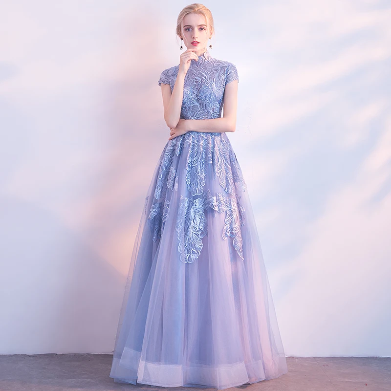 SSYFashion/Новое кружевное вечернее платье элегантное с высоким воротом серое синее