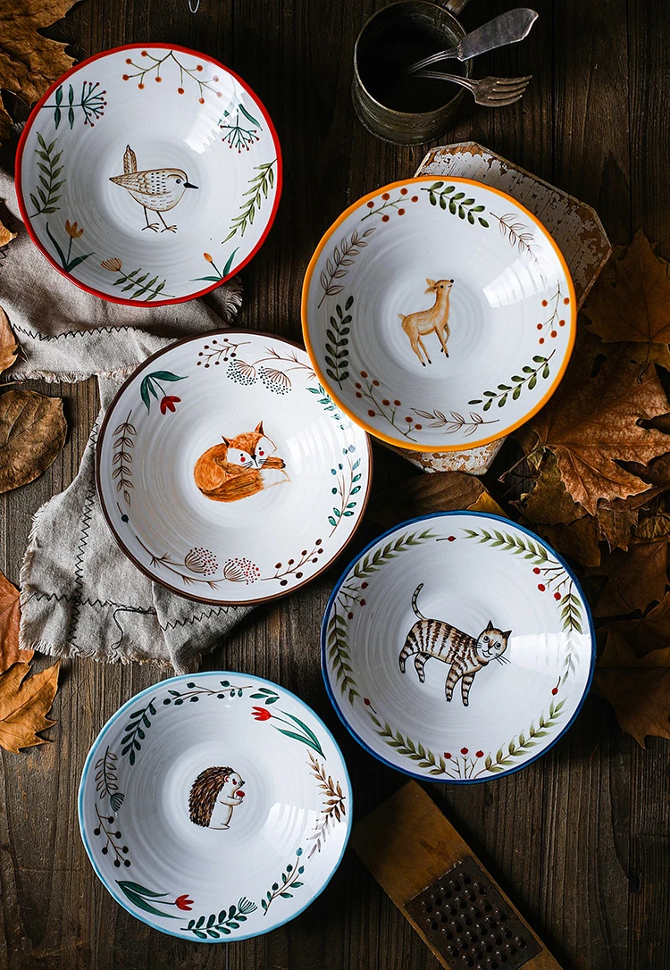 8 дюймовая керамическая чашка, миска для лапши, дизайн с лесным животным, большая миска для креативного ресторана, бытовая Цветочная чаша