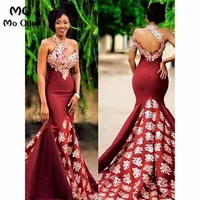 burgundy african mermaid evening dresses with gold appliques robe de soiree elastic satin backless halter evening party dresses