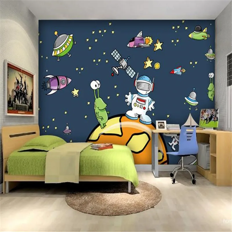 

3D пользовательские обои с мультяшным рисунком, фрески, Вселенная обои, детская комната, звездное небо, планеты, обои, домашний декор, гостина...