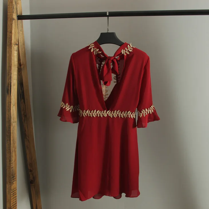 Лето 2017 г. женщины красный лук Lace Up О образным вырезом с Сетчатое платье пикантные