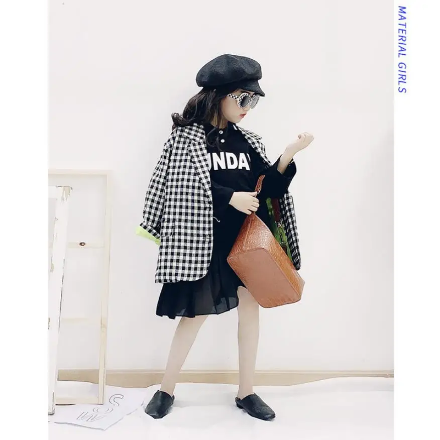 black Baby girls plaid blazer coats spring autumn new Patch letter outerwear tops for children clothes teenage jackets ws904 - Color: black