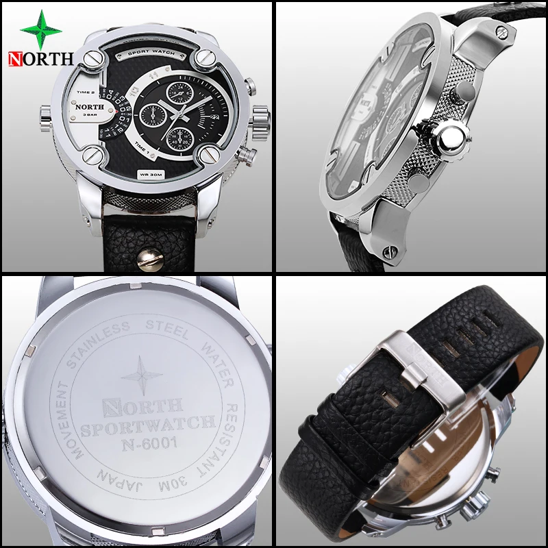 Для мужчин спортивные часы кварцевые военные Элитный бренд кожа Oversize Dual Time Часы 30