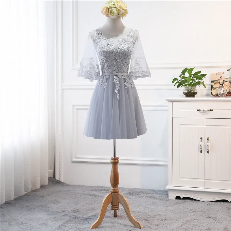 grey short Новые пастельные розовые платья для подружек невесты, кружевное платье с рукавом до локтя на весну и осень для улицы, свадебное платье, официальное платье demoiseur D'honneu - Цвет: grey short
