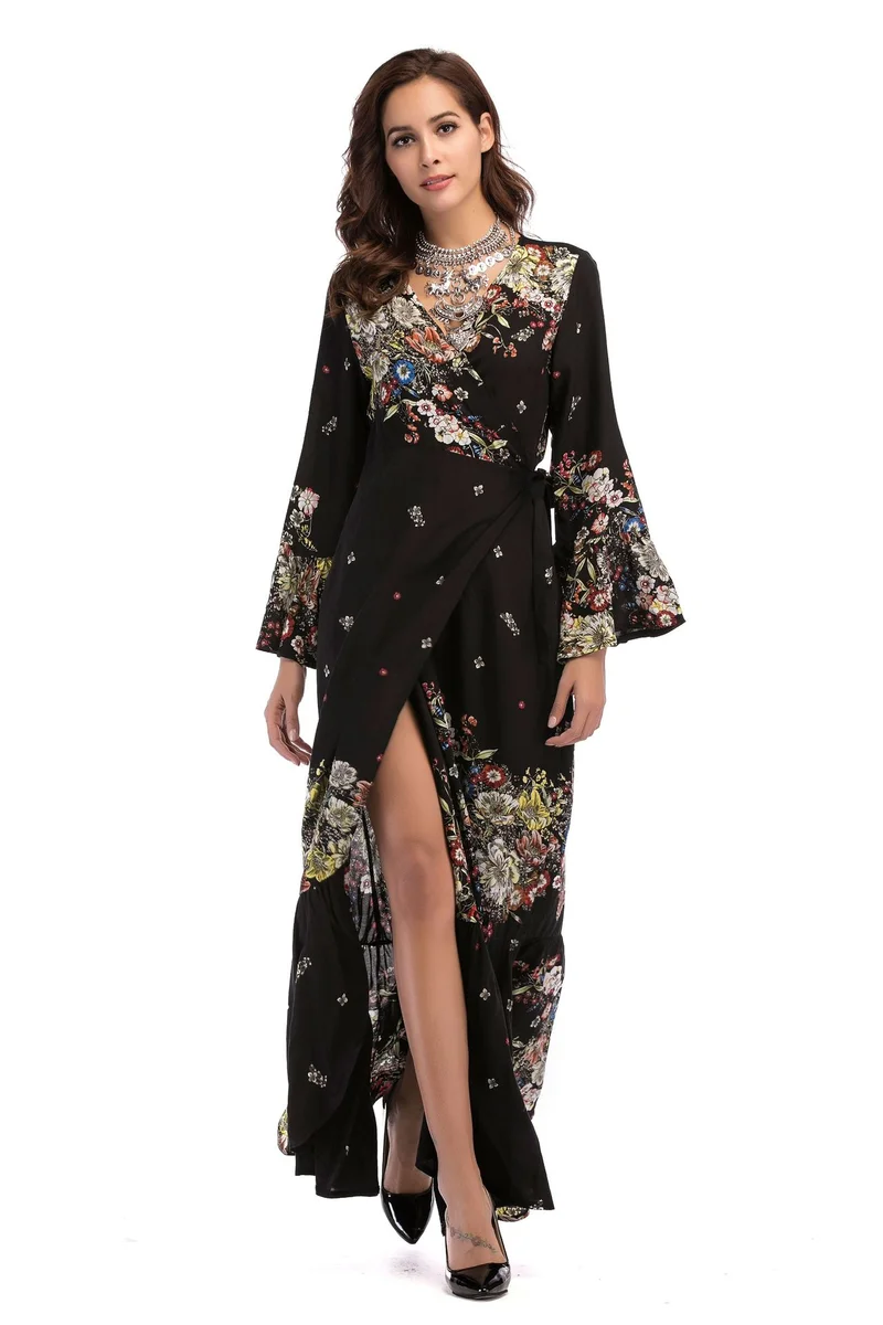 

Women Summer V-neck Print Dress Loose Waist Full Flare Sleeve Ankle-length Dress Empire Waist Street Wear Size L To 3XL Dresses