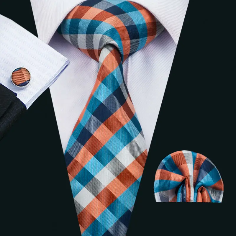 Оранжевые клетчатые мужские запонки с бантиком Модные 100% шелковые галстуки