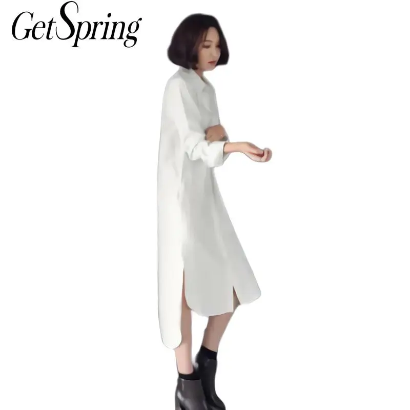 Женское платье рубашка GETSRING белое хлопковое свободного покроя с длинными