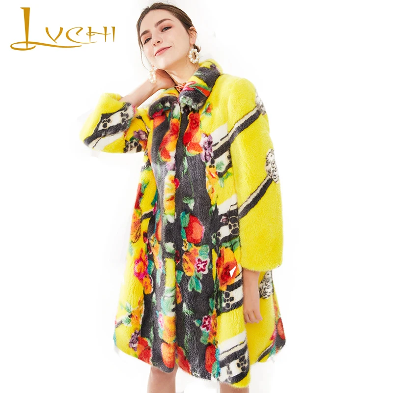 Женское бархатное пальто LVCHI повседневное длинное облегающее из норки с золотым