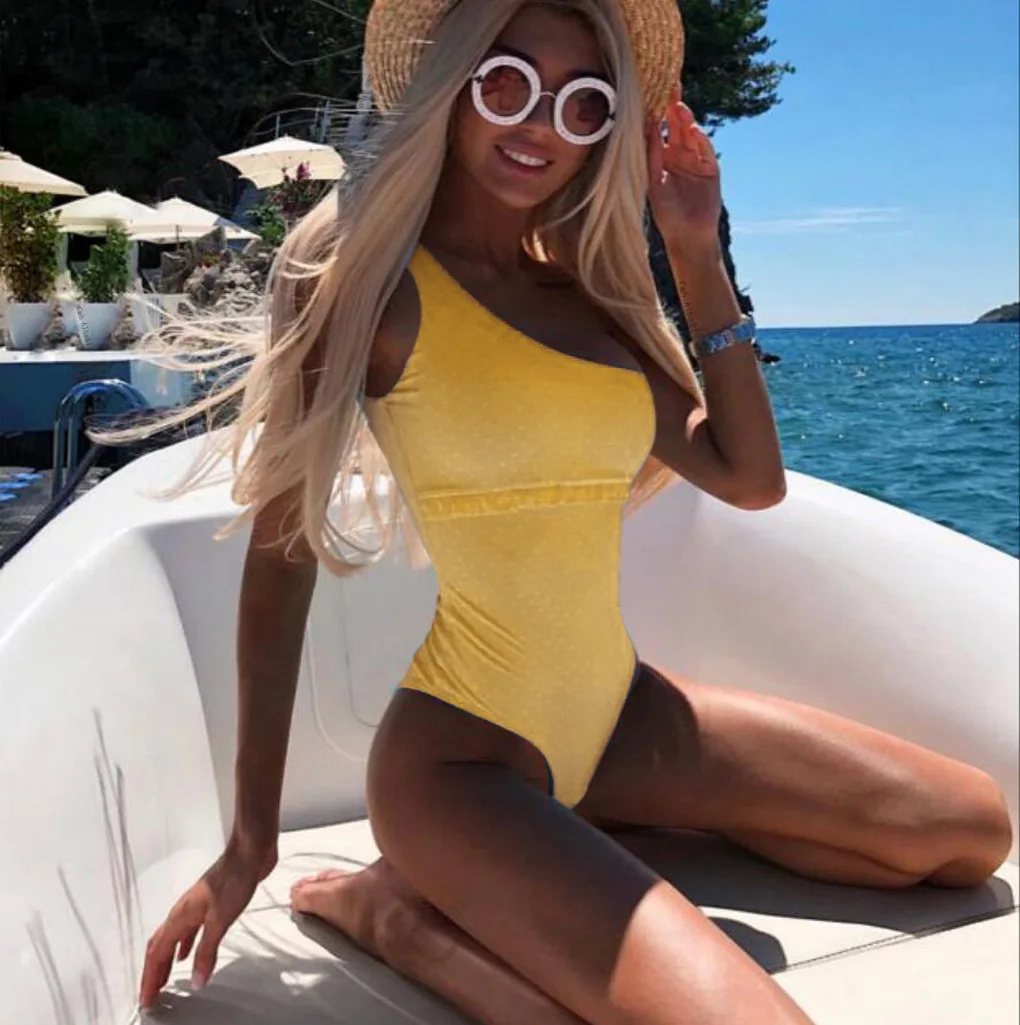 2019 цельный купальник на одно плечо женский пляжный в горошек с оборками