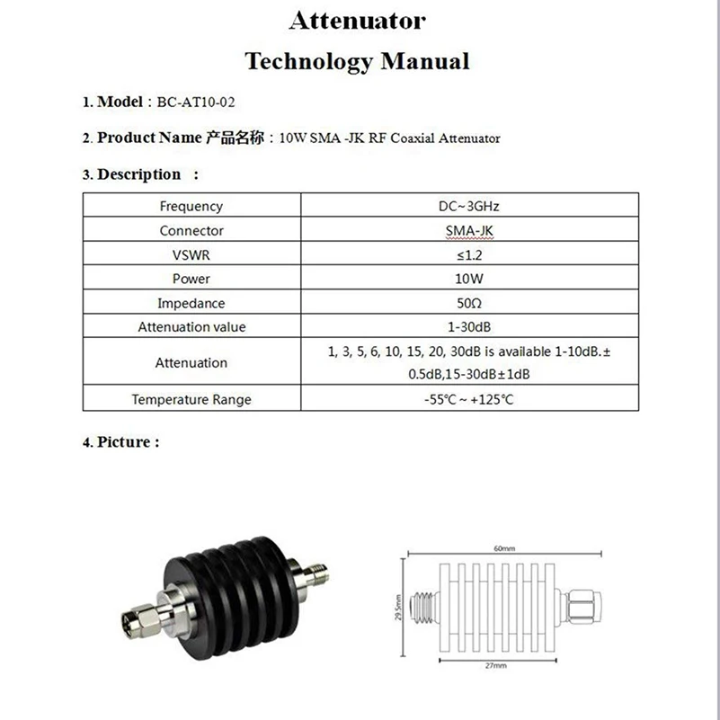ALLiSHOP 10 Вт аттенюатор, 1db до 40dB SMA мужской SMA для женщин DC-3.0GHZ 50ohm радиочастотный коаксиальный мощность
