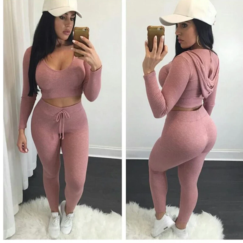 2018 осенние пикантные пупка из двух частей твердых Цвет вязать Slim Fit одноцветное