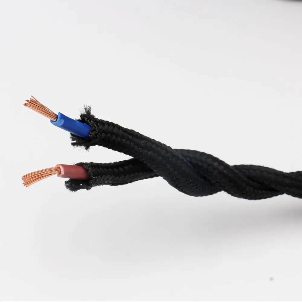 

110-220V 2 Core Vintage Light Cord Fabric Woven Braided Electrial Wire Twisted Cable Black Color