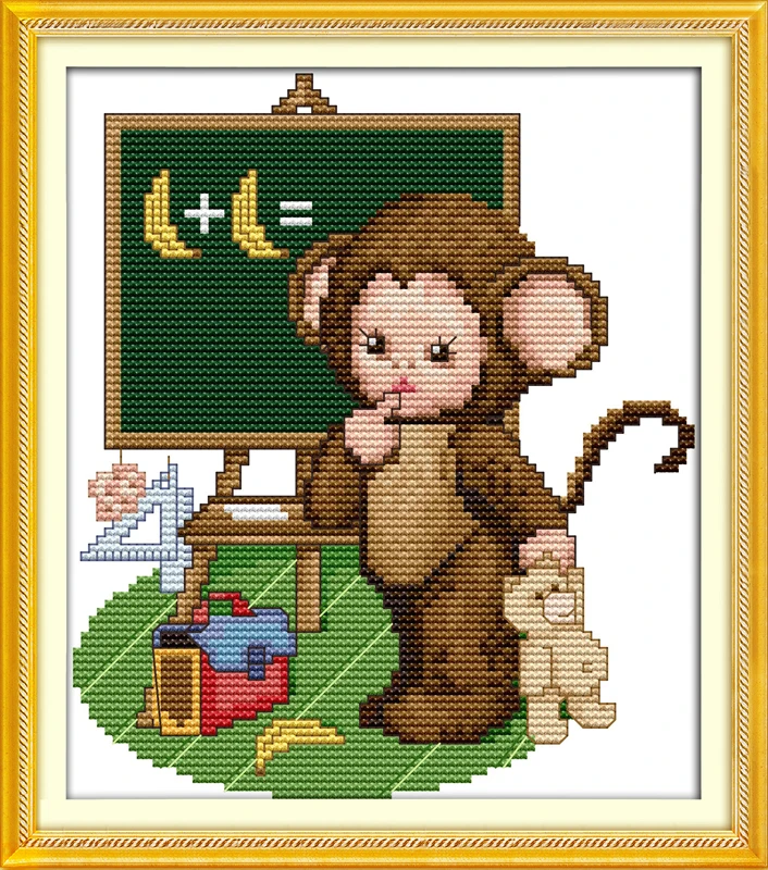 

The little monkey learning maths cross stitch kit 14ct 11ct count print canvas stitches embroidery DIY handmade needlework plus