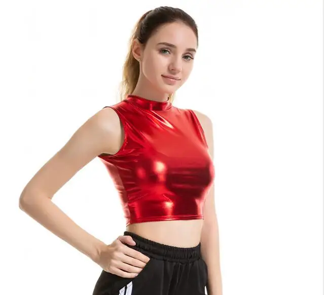 X004 Red CHSDCSI, летние короткие топы для женщин, высокая уличная мода, сексуальный топ на бретелях, тонкий укороченный Блестящий жилет без рукавов, Панк укороченный Золотой Топ на бретелях - Цвет: X004 Red