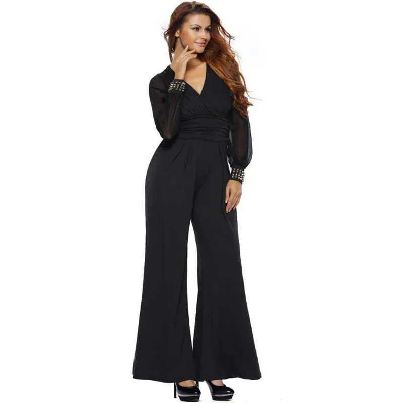 Женский комбинезон с глубоким треугольным вырезом длинным рукавом|black romper women