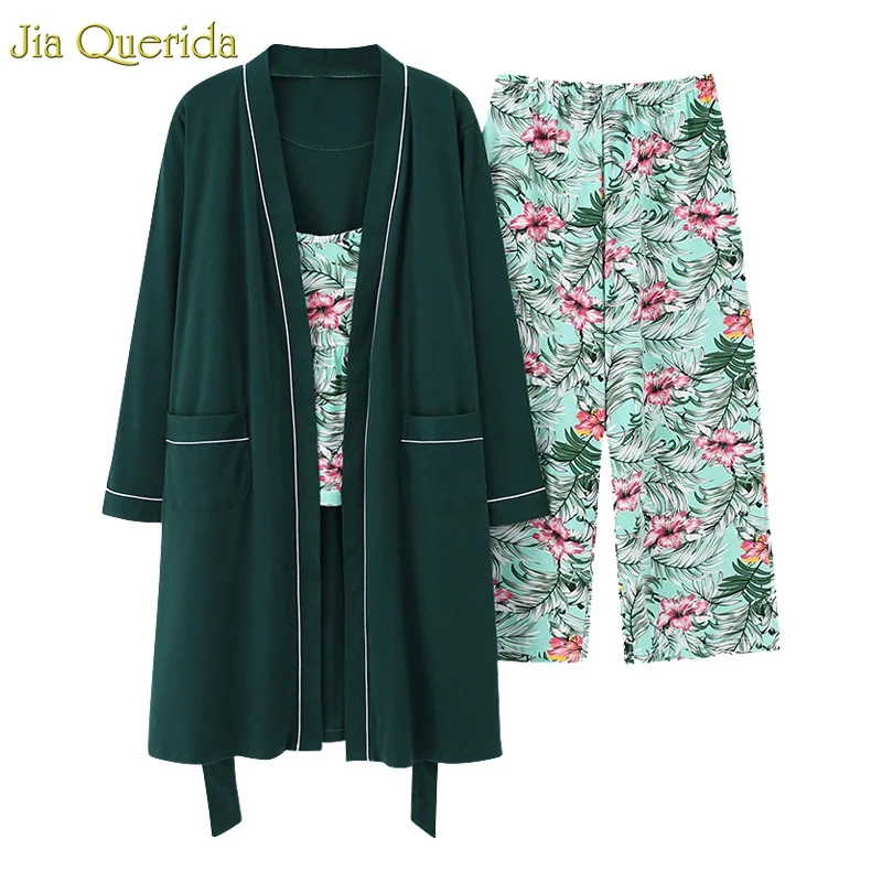 Осень весна пижамы для женщин плюс размер цветочный принт 3 шт. кимоно Халат + cami