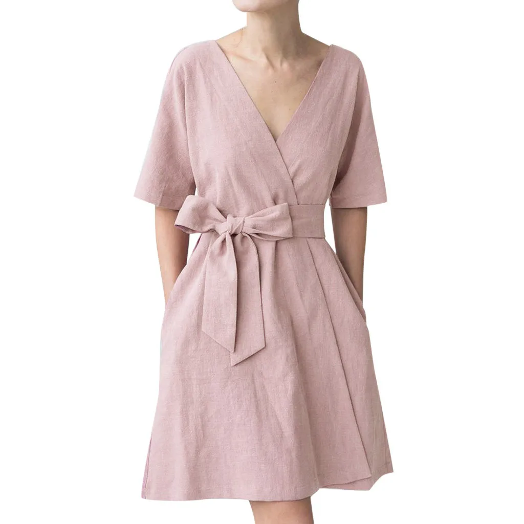 JAYCOSIN Women's Fashion Summer Classic Dresses With Sashes Short Sleeve V Neck Mini Pockets Vestidos dropshipping | Женская одежда