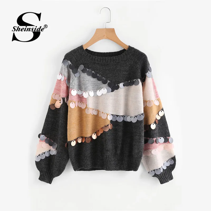 Sheinside, украшение из блесток, контрастный топ, свитер, круглый вырез, пэчворк, длинный рукав, свободные пуловеры, осенний Женский Повседневный свитер