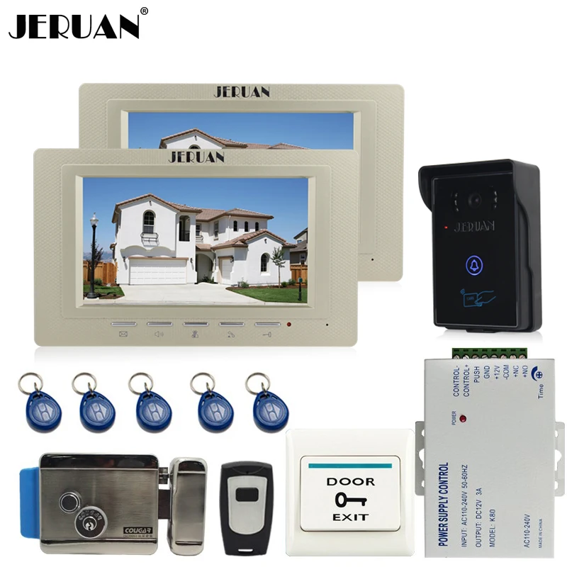 JERUAN 7 дюймов видеодомофон видео домофон Системы 2 монитора + 700TVL RFID Доступа