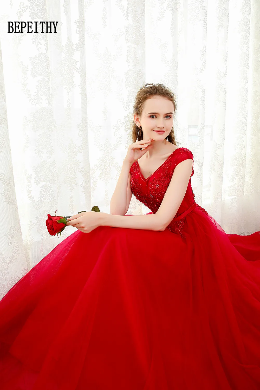 BEPEITHY vestido de festa Robe De Soiree Красные кружевные аппликации вечерние элегантные трапециевидные Длинные вечерние платья