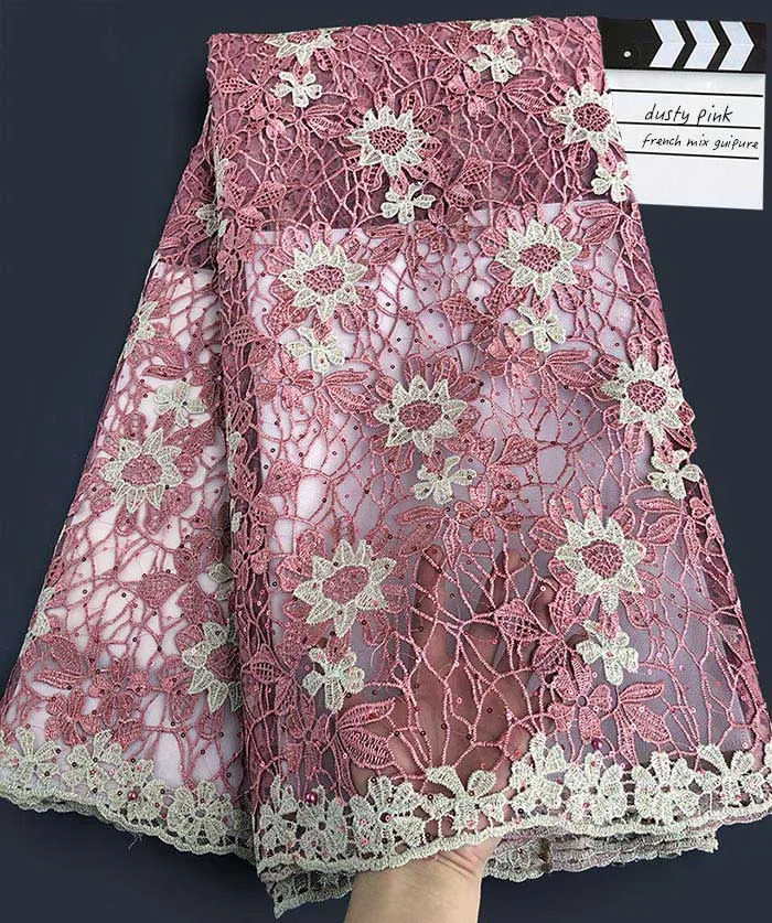dusty pink Champagne 5 ярдов Африканский гипюровый шнур кружева смесь чистая ткань фон Блестящий высокое качество нигерийская Буба французская кружевная ткань с блестками - Цвет: dusty pink Champagne