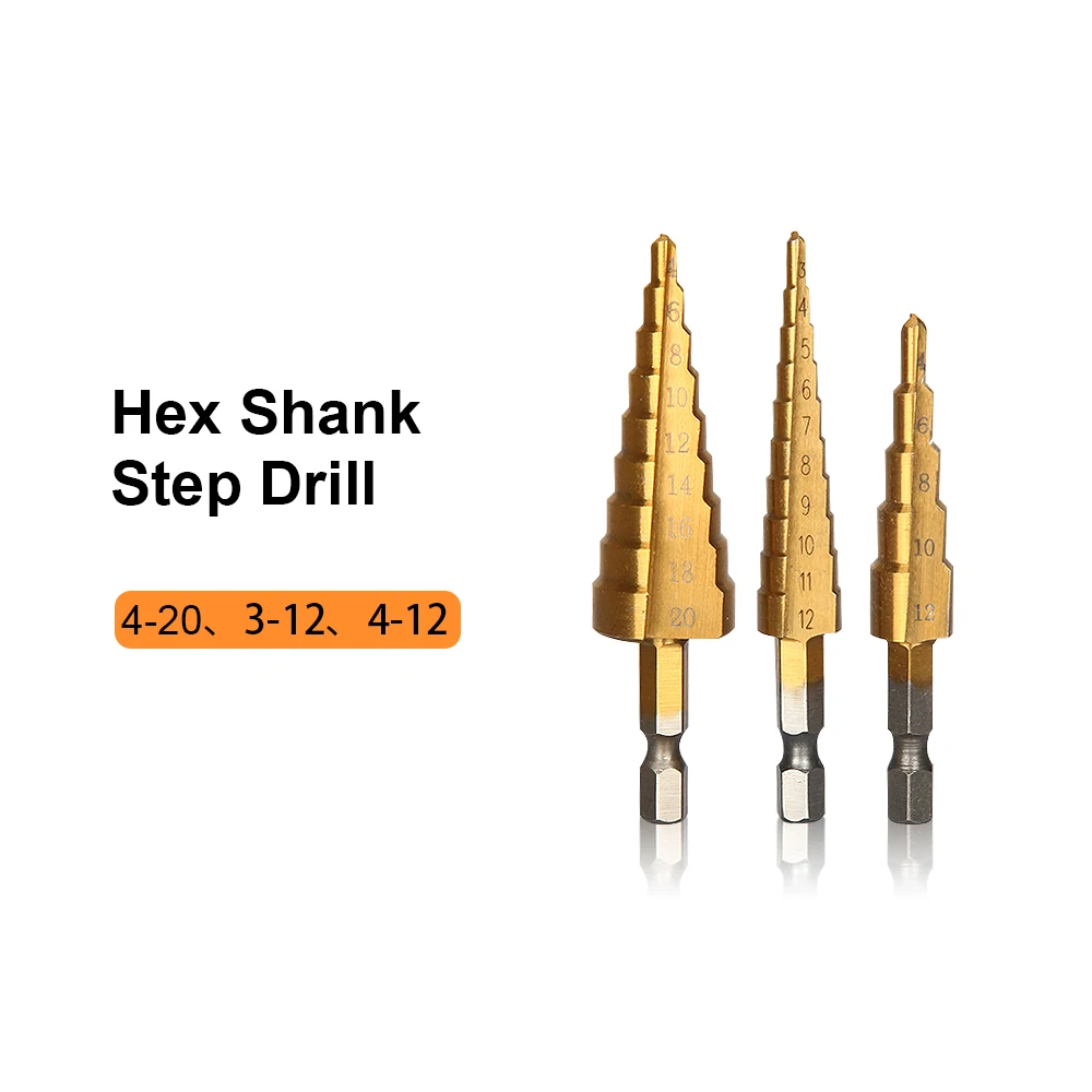 Step Drill Bits Set JelBo 3 шт./компл. HSS шаг сверла, 3-12/4-12/4 мм-20 мм шестигранный вал привод быстрое изменение титанового металла Дрель Инструменты Бит Комплект - Цвет: Step Drill Bits Set
