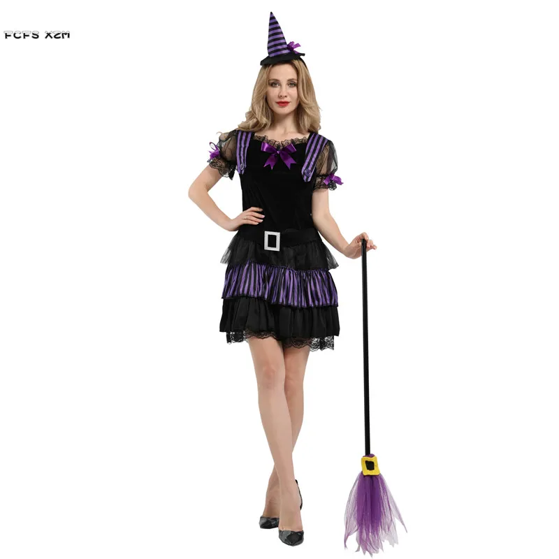 

Women Pompon skirt Gothic Witch Cosplays Halloween Sorceress Costume Female Magician Role play Carnival Purim parade party dress