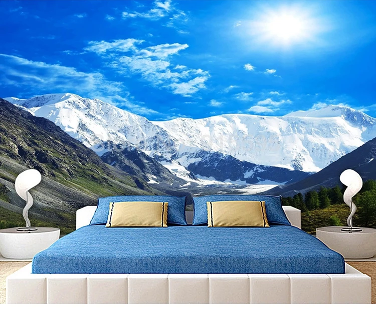 Custom Mural Waterproof Self-adhesive Wallpaper Blue Sky Snow Mountain Scenery 3D Photo Wall Paper For Living Room Bedroom Decor