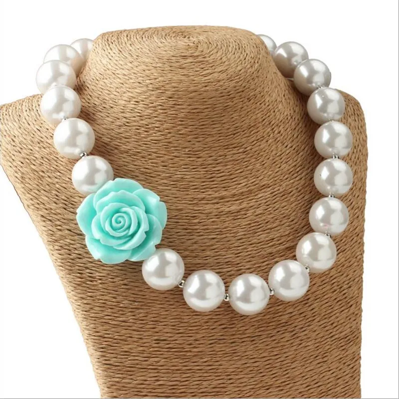 

5PCS Girl Light Blue Rose Flower Chunky Bubblegum Necklace Kids White Pearl Gumball Chunky Beaded Necklace for Birthday Jewelry