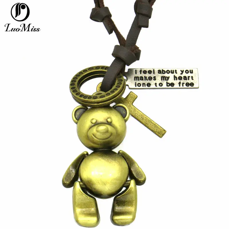 Tenny Bear винтажное массивное ожерелье крест круглые подвески регулируемое кожаное