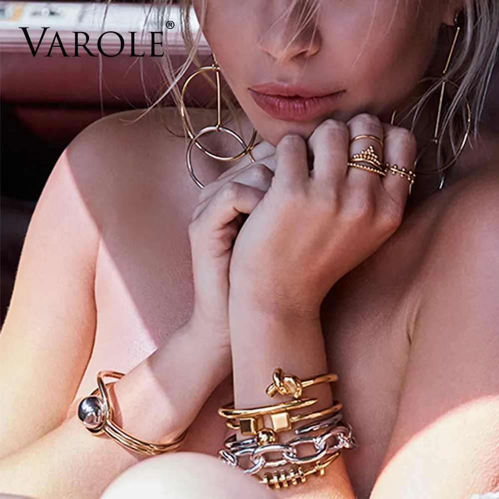 VAROLE, двойная линия, большая шаровая манжета, браслет, браслет для женщин, маншет, золотой цвет, браслеты из нержавеющей стали, металлический браслет Pulseiras
