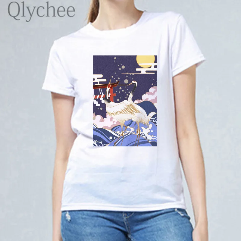 Qlychee Harajuku женские футболки с рисунком журавлей принтом волн летние цветными