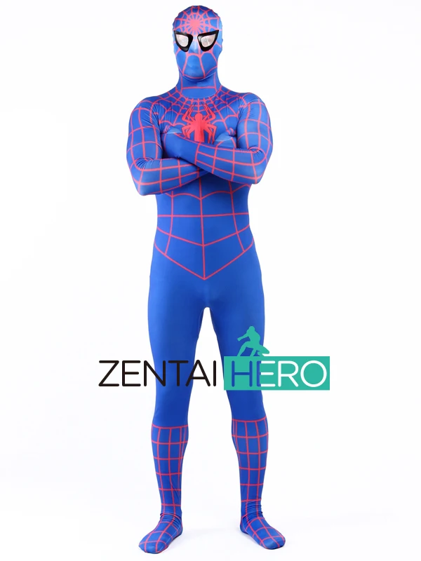 Бесплатная доставка DHL Новый синий и красный полоски костюм Человека паука из