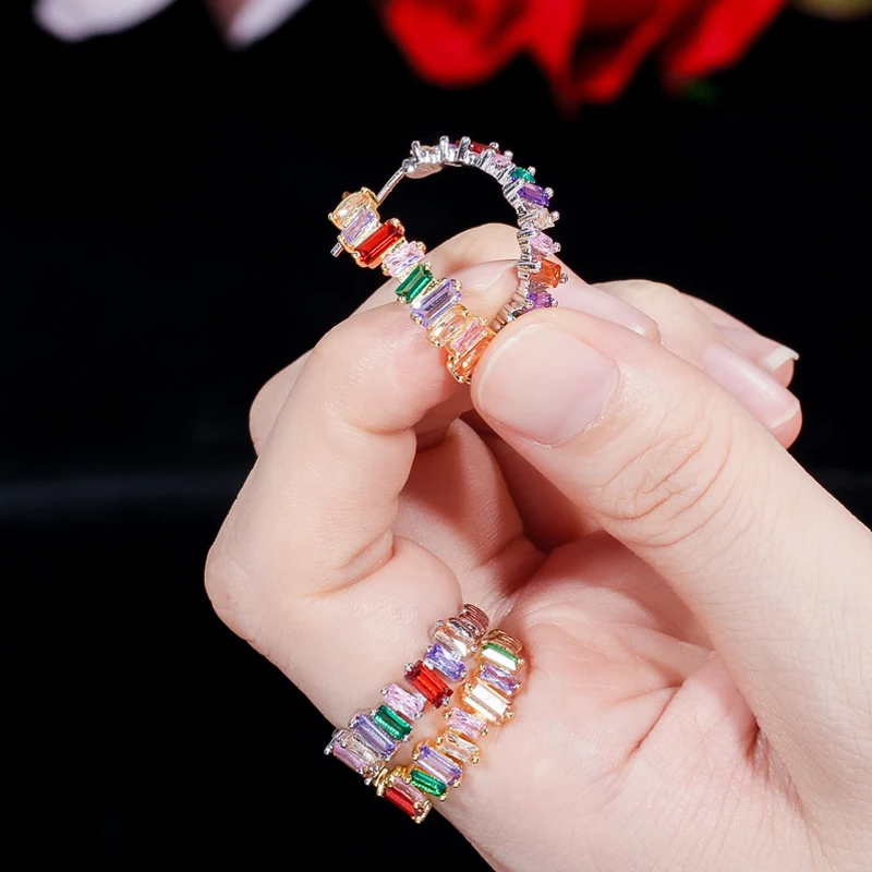 BeaQueen New Irregular Baguette Cubic Zirconia Rainbow Crystal Chic Hoop Earrings Rings Multicolor Jewelry Sets for Women JS201 | Украшения