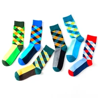 new womens fashion color diamond square cotton high quality combed cotton colorful boutique casual socks 2 pairs