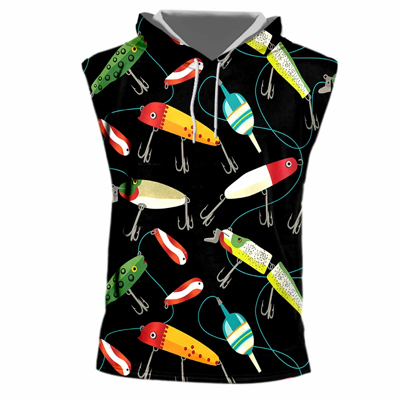 OGKB летние топы мужские без рукавов с капюшоном Забавный принт мультфильм Рыба