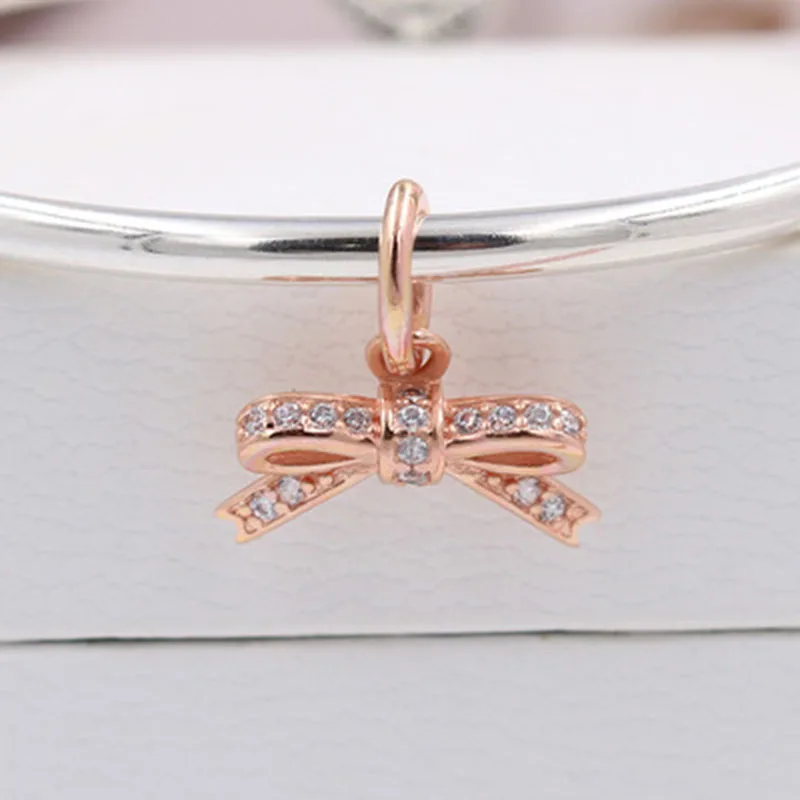 

Высокое качество, розовое золото, цвет, сверкающий бант, подвеска, Очаровательные бусы, подходят к оригинальным браслетам, берлоки, сделай с...