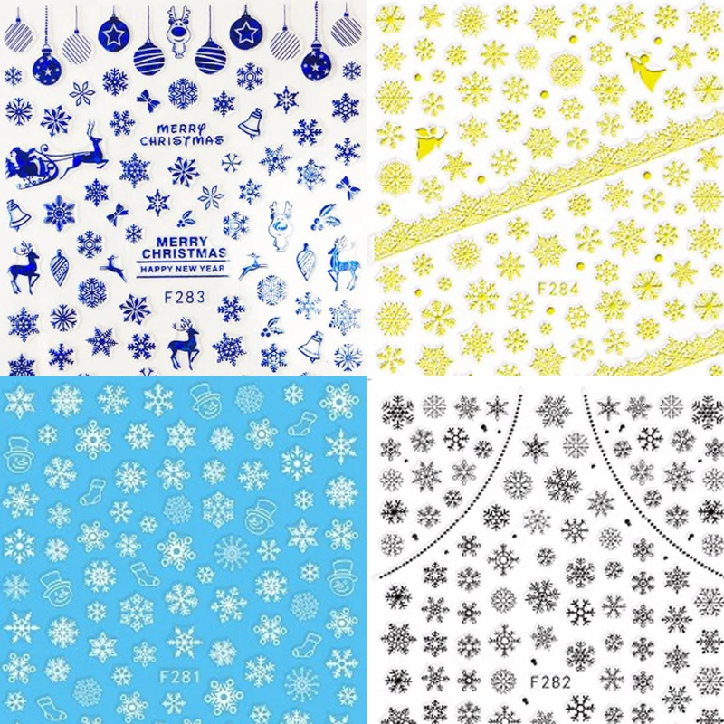 

4 Sheets/lot F281-284# 3D Christmas Xmas Elk Snowflake Adhesive Nail Art Stickers Decorations DIY Salon Tips 5 Colors To Choose