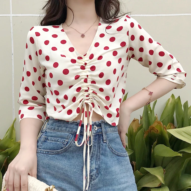Милые blusas модные брендовые женские летние блузы в горошек рубашки уличном стиле