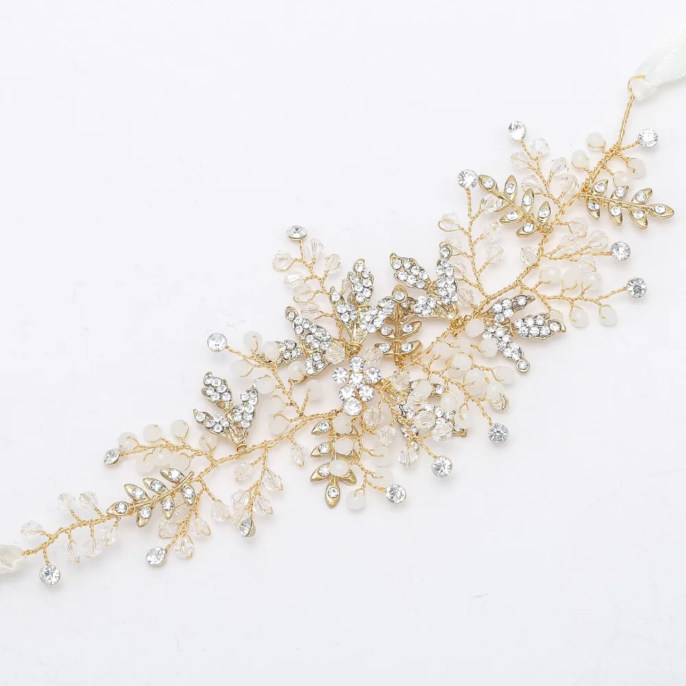 Woodqiqi Flower Rhinestone Pearl Headbands for Women Bridal Leaf Tiara Crown de Noiva Gold Handmade Headband | Украшения и