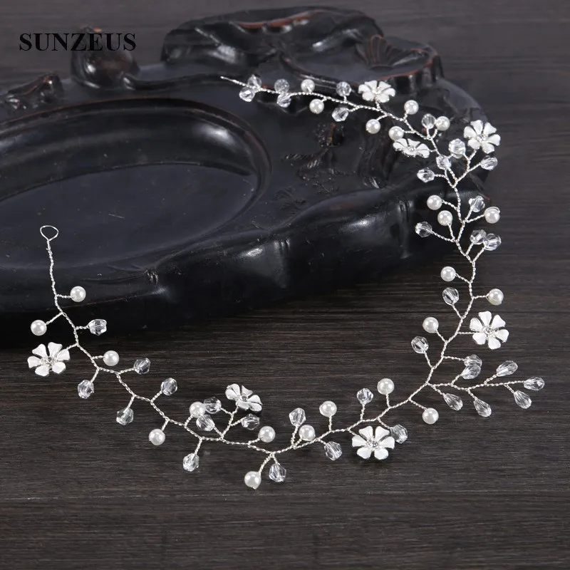 

Headband 2019 New Arrival Small Flowers Head Sash Pearls Crystal Hand-made Silver Bridal Hair Chain Wedding Accessory SQ0237