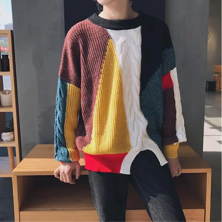 

Autumn round neck new color matching loose knitting sweater