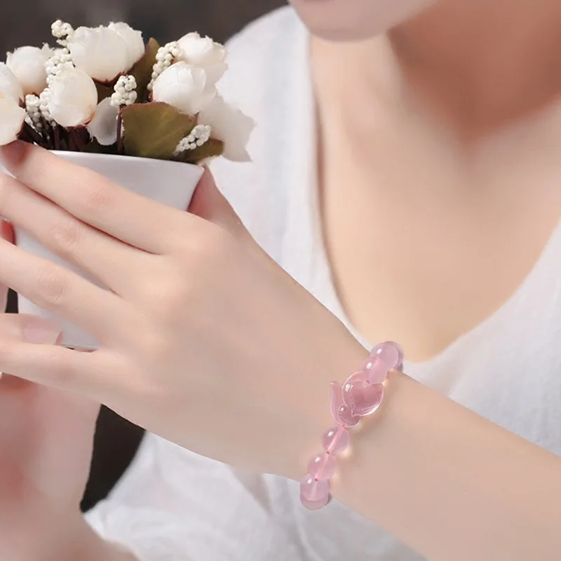 Yanting Pink Crystal Fox Bracelets For Women Romantic Sweet Gifts Girls Female Bracelet Jewelry Natural Stone 003 | Украшения и