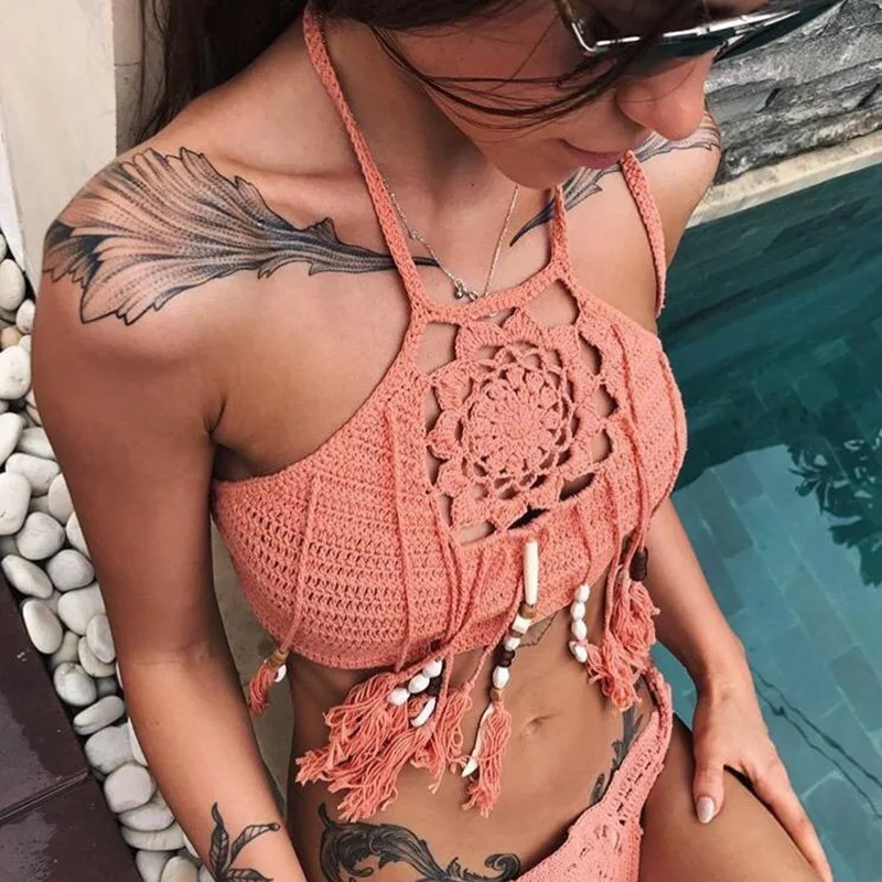 Вязаный крючком бикини с кисточками на бретельках, тонкие топы, maillot de bain femme, купальный костюм, женский купальник