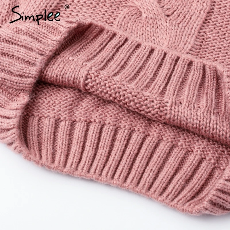 Женский вязаный свитер Simplee розовый Свободный пуловер с высоким воротником и