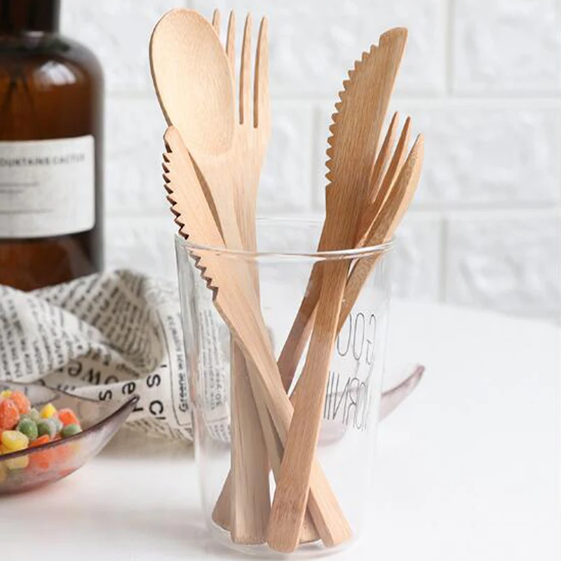 Корейские столовые приборы Bamboo 50 шт.(10 компл.) дерево бамбуковая ЛОЖКА ВИЛЫ ножи соломы чехол бамбуковая кухонная посуда