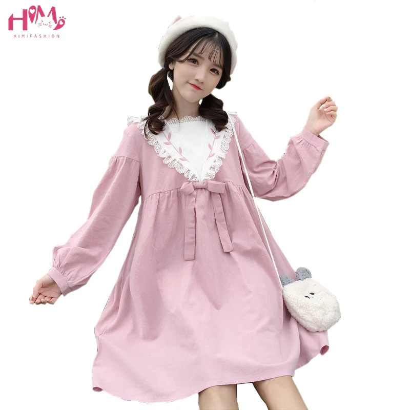 Harajuku Весна Винтаж оборками Kawaii платье кружево лоскутное высокая талия милое