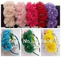 hot sale three chiffon flower in a row girls hair band flash flower with pearls and rhinestone headband hair accessories 15pcs