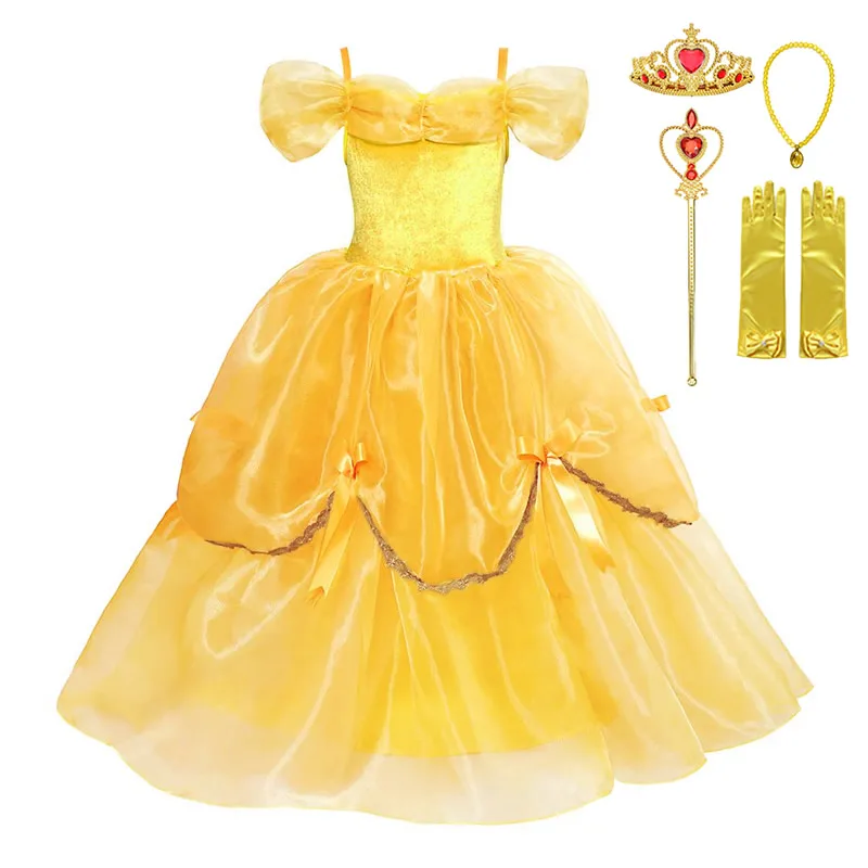 Belle Dress Sets 2 Красивое и чудовищное платье принцессы Белль для девочек, великолепное желтое платье для торжественных мероприятий, детские летние Вечерние наряды бальное платье - Цвет: Belle Dress Sets 2