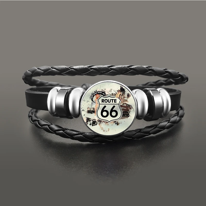 Классический американский Route 66 браслет ювелирные изделия панк кожа стеклянный